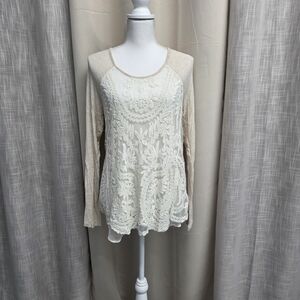 Cream Lace Front Long-Sleeve Women's Top